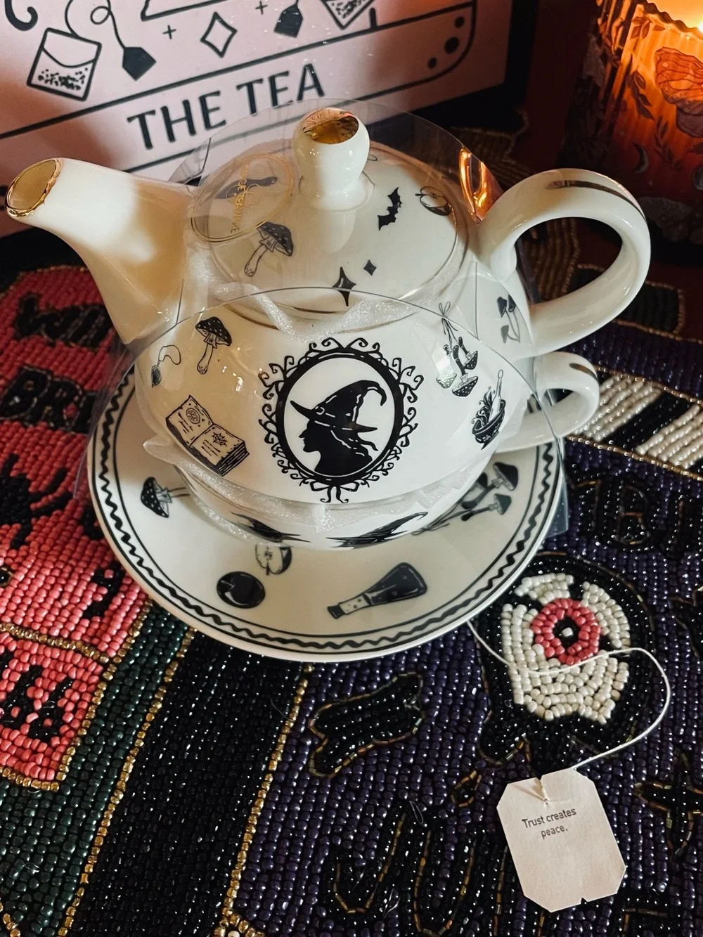 GRACE TEAWARE NWT Porcelain Witch Silhouette Tea For One Teapot Stacking Set